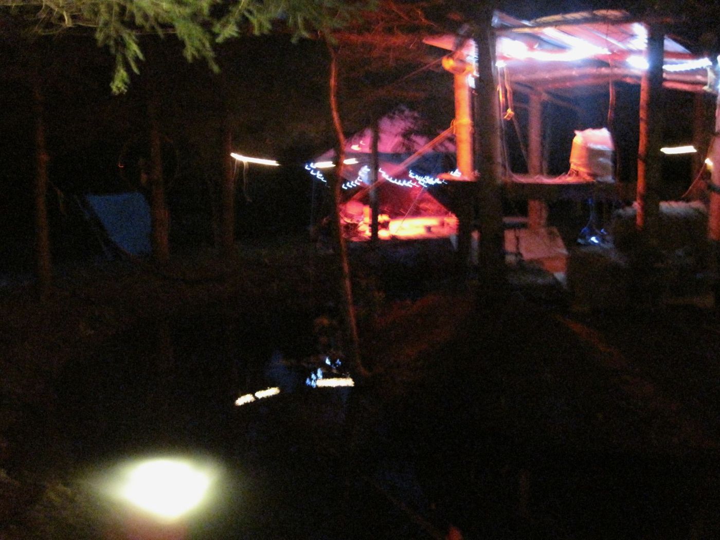 23 août 2010 : la nuit au bord de l'étang, le Cherry Island éclairé entre les arbres.