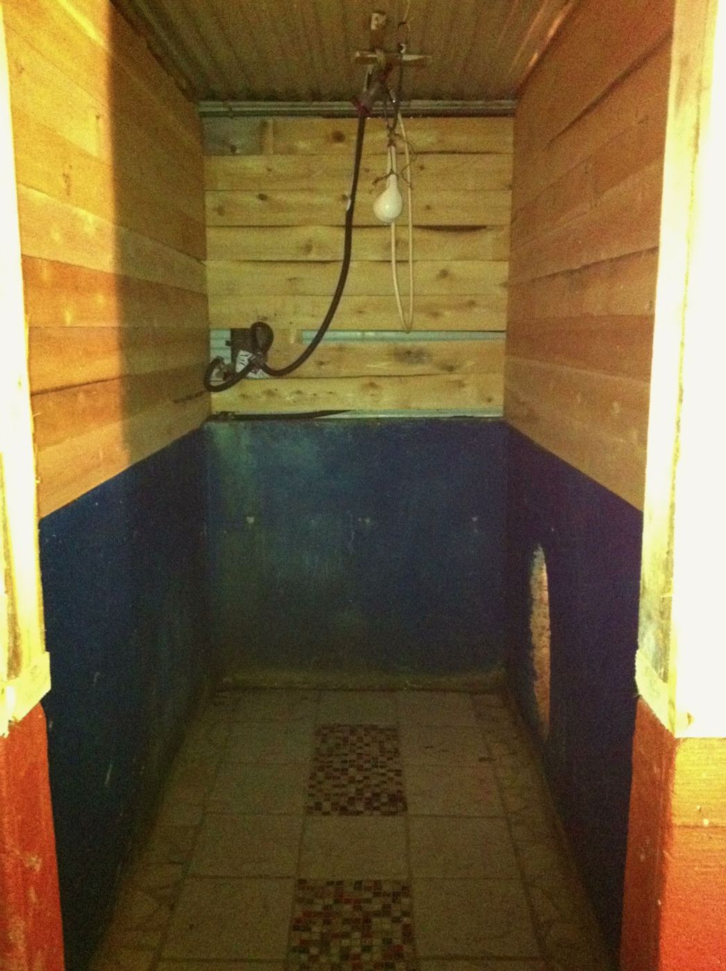 16 novembre 2012 : l'intérieur de la douche, bois clair et mur bleu.